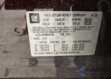 2021 Chevrolet Trax Fwd Lt z USA, uszkodzony, nr VIN KL7CJLSBXMB304261